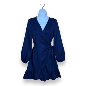 SMALL NAGOO NAVY BLUE WRAP DRESS RUFFLE ACCENT TIE CLOSURE